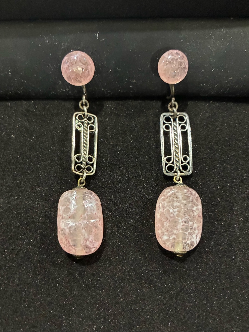 Antique French Art Deco Art Glass Filigree Earrings